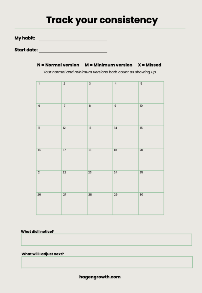 30-day habit tracking example template showing N for normal version, M for minimum version, and X for missed day