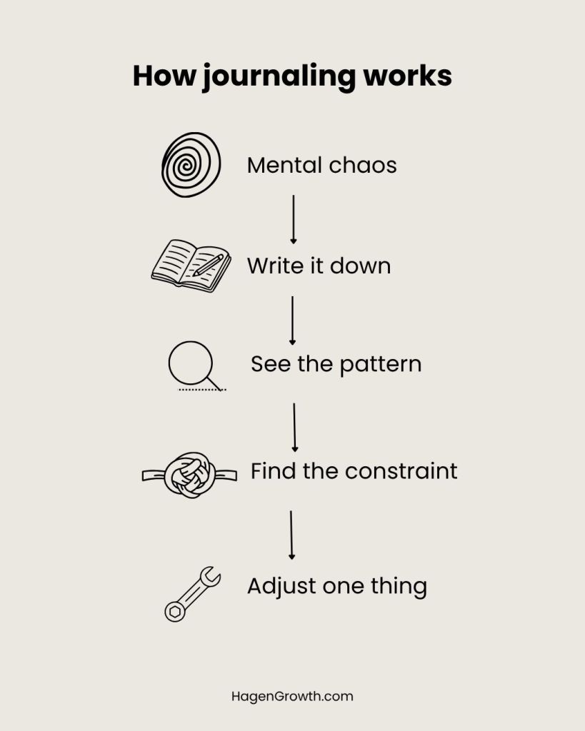 A vertical flowchart showing the five steps of how journaling works. It starts with "Mental chaos," moves down through a notebook icon labeled "Write it down," and then leads to three final actions: "See the pattern," "Find the constraint," and "Adjust one thing."