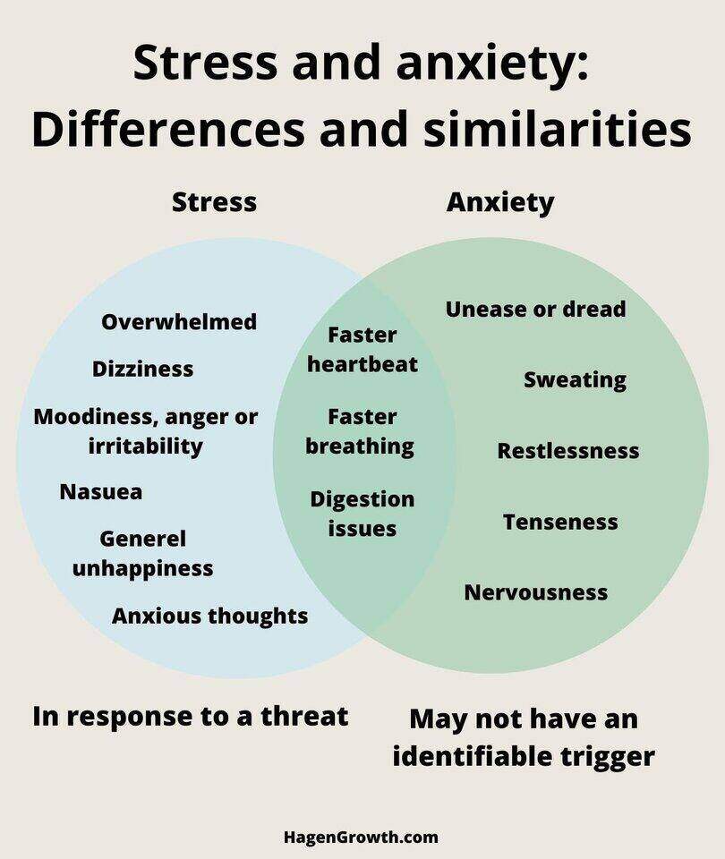 An infographic that shows the differences and similarities between stress and anxiety